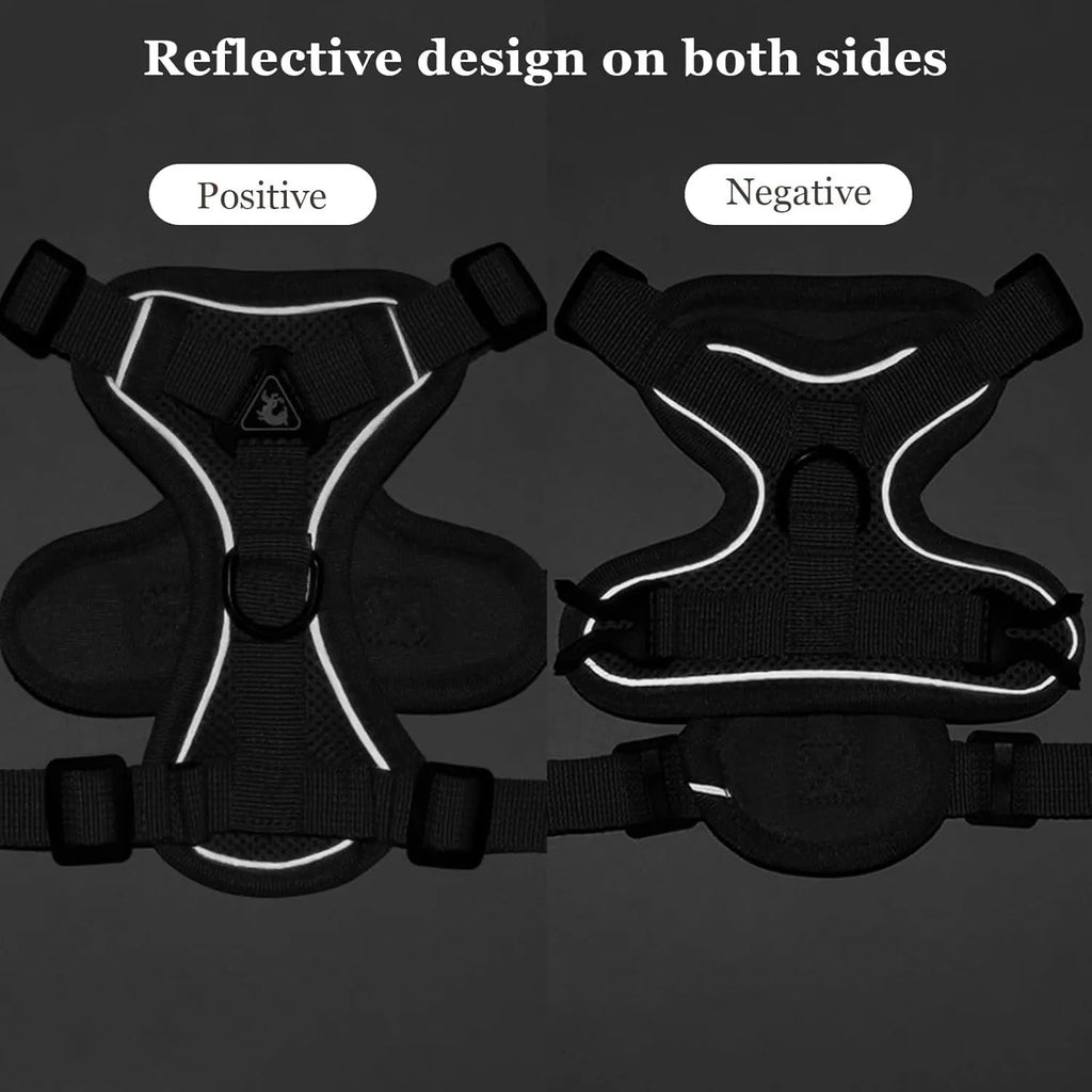 Adjustable soft mesh cat harness and leash set with reflective strips shown in blue, coffee, and grey colours.