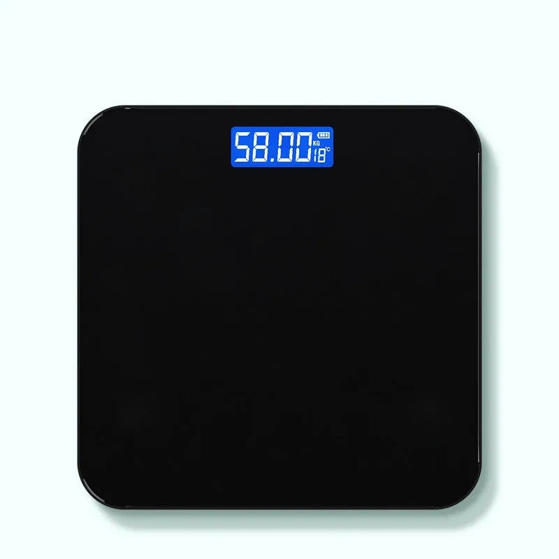 USB rechargeable electronic bathroom scale with cross pattern in black, rose red, or white colour options.