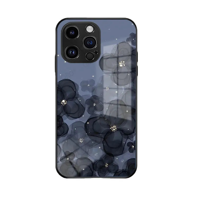 Flower glass iPhone case with tulip and smiling face design, UV coating, shockproof protection, Regular Glass Shell 802 and 803