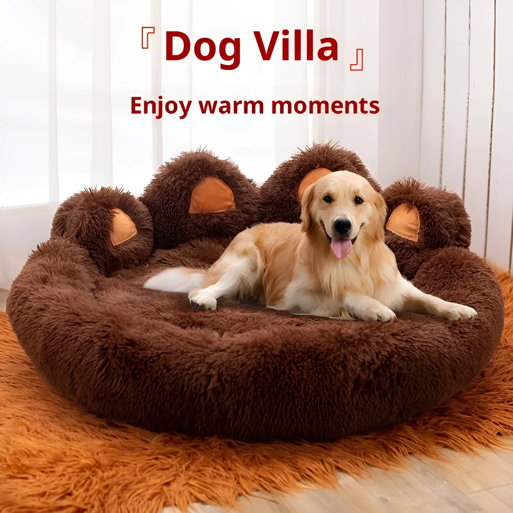 Plush kennel thickened pet bed in coffee colour with hand-shaped brush nest design on a white background