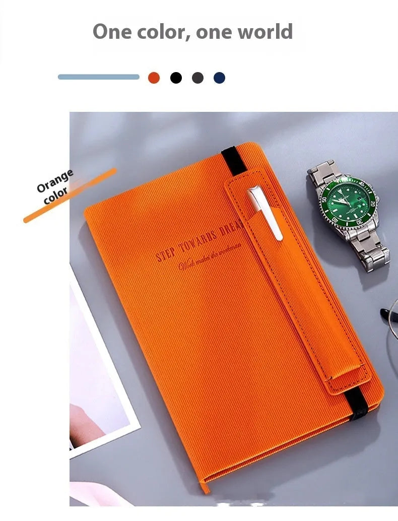 A5 faux leather notebook open with pen insert and strap, 200 pages, blue and black options