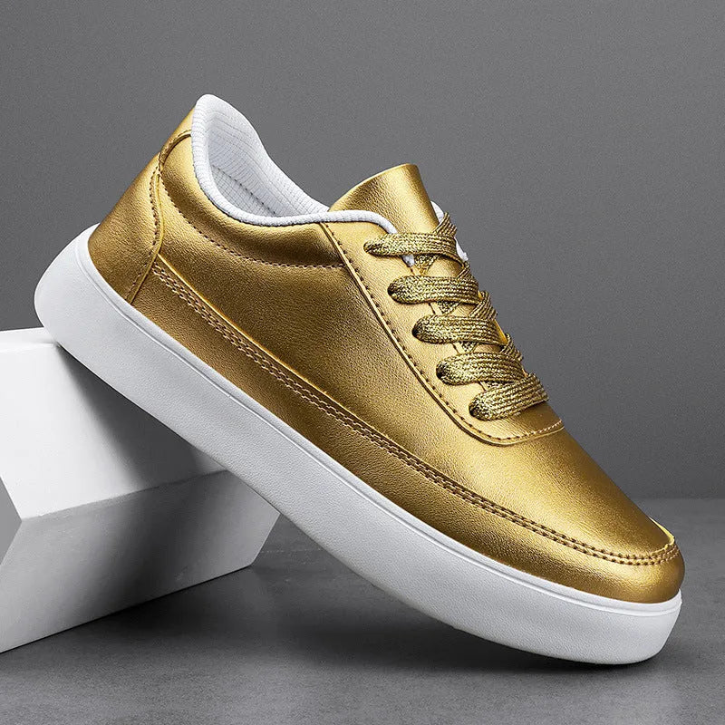 Women's flat casual leather shoes in gold, silver, or white with lace-up front.