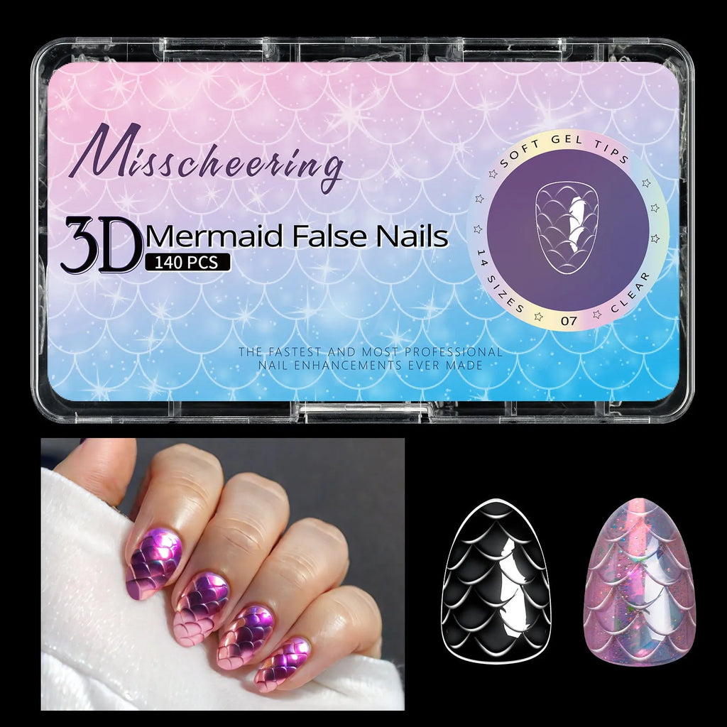 3D scale long shaping nail tips for gel and acrylic nail extensions in multiple colour options