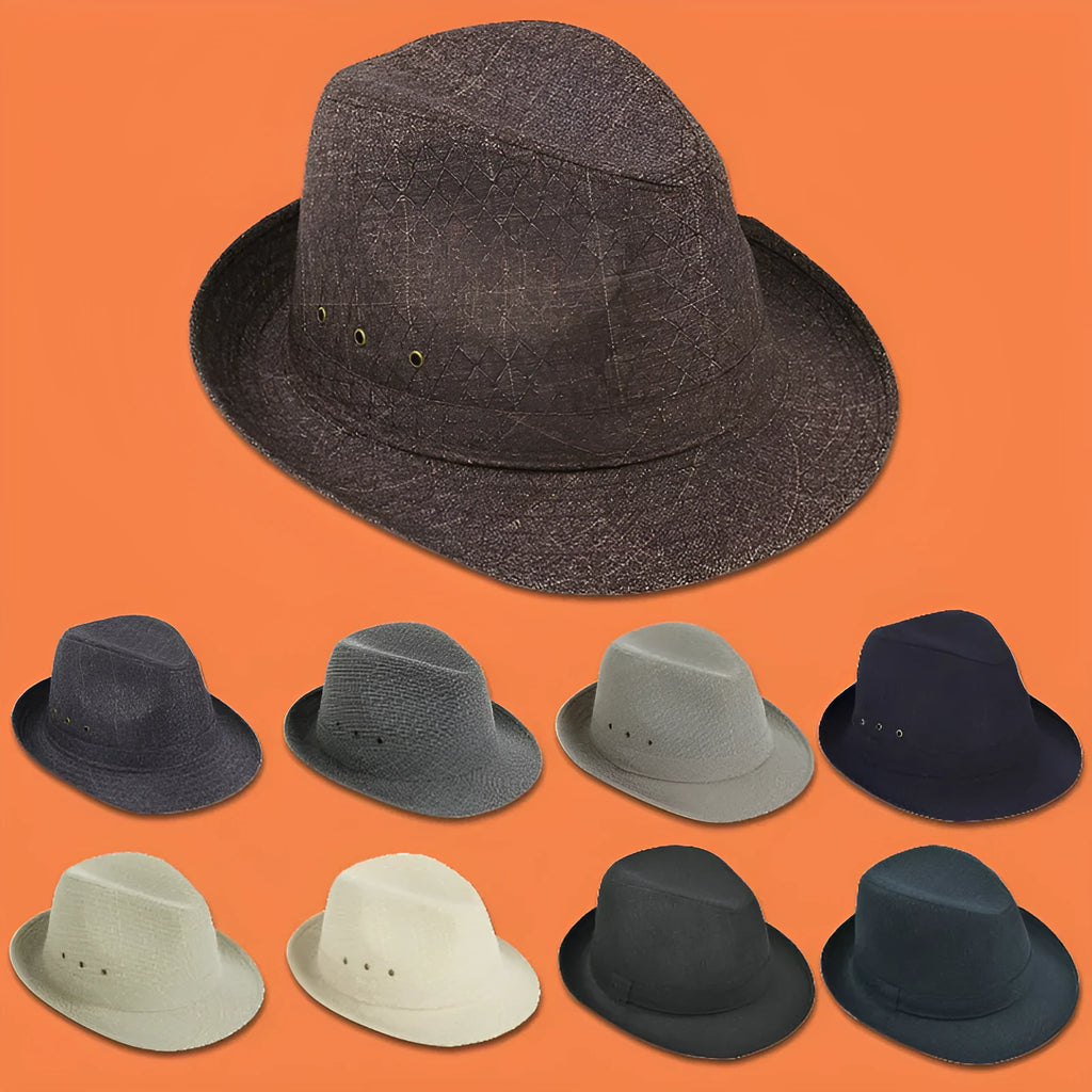 A man's brown fedora hat with a pinched crown and a medium-width brim on a wooden table.