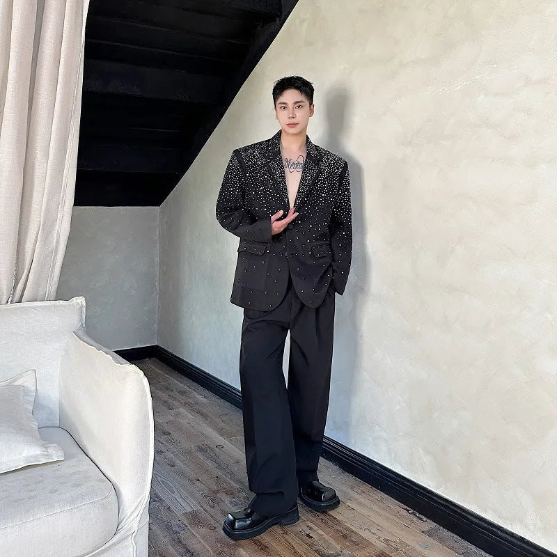 Men's hot drilling casual suit jacket in black chenille fabric with princess sleeves and loose fit