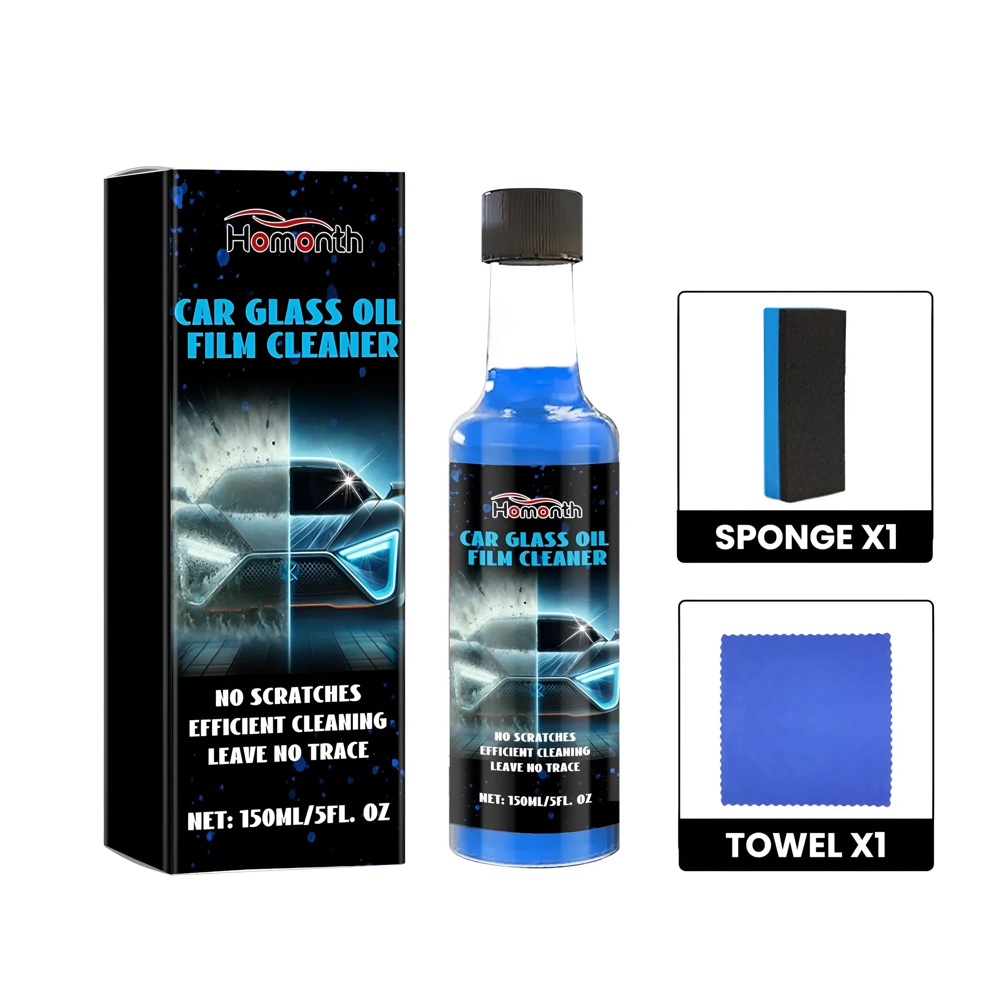 Car glass oil film cleaner kit with 150ml bottle, sponge, and microfibre towel