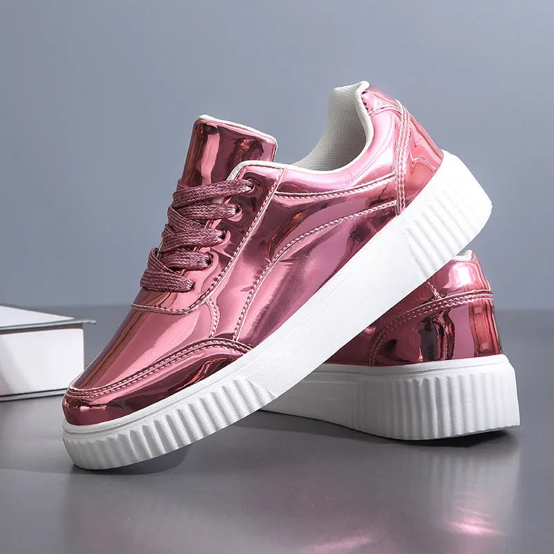 Rose gold sequinned platform sneakers with a thick MD sole and round toe on a white background.