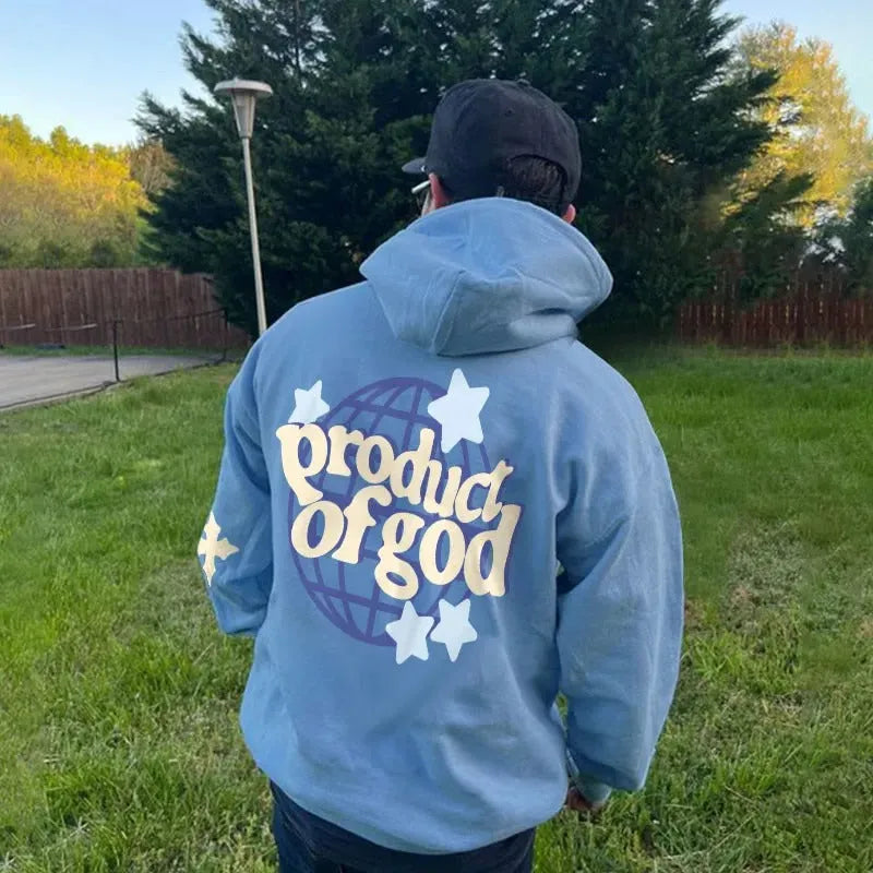Men's blue printed pullover hoodie with front pocket and drawstring on polyester fabric