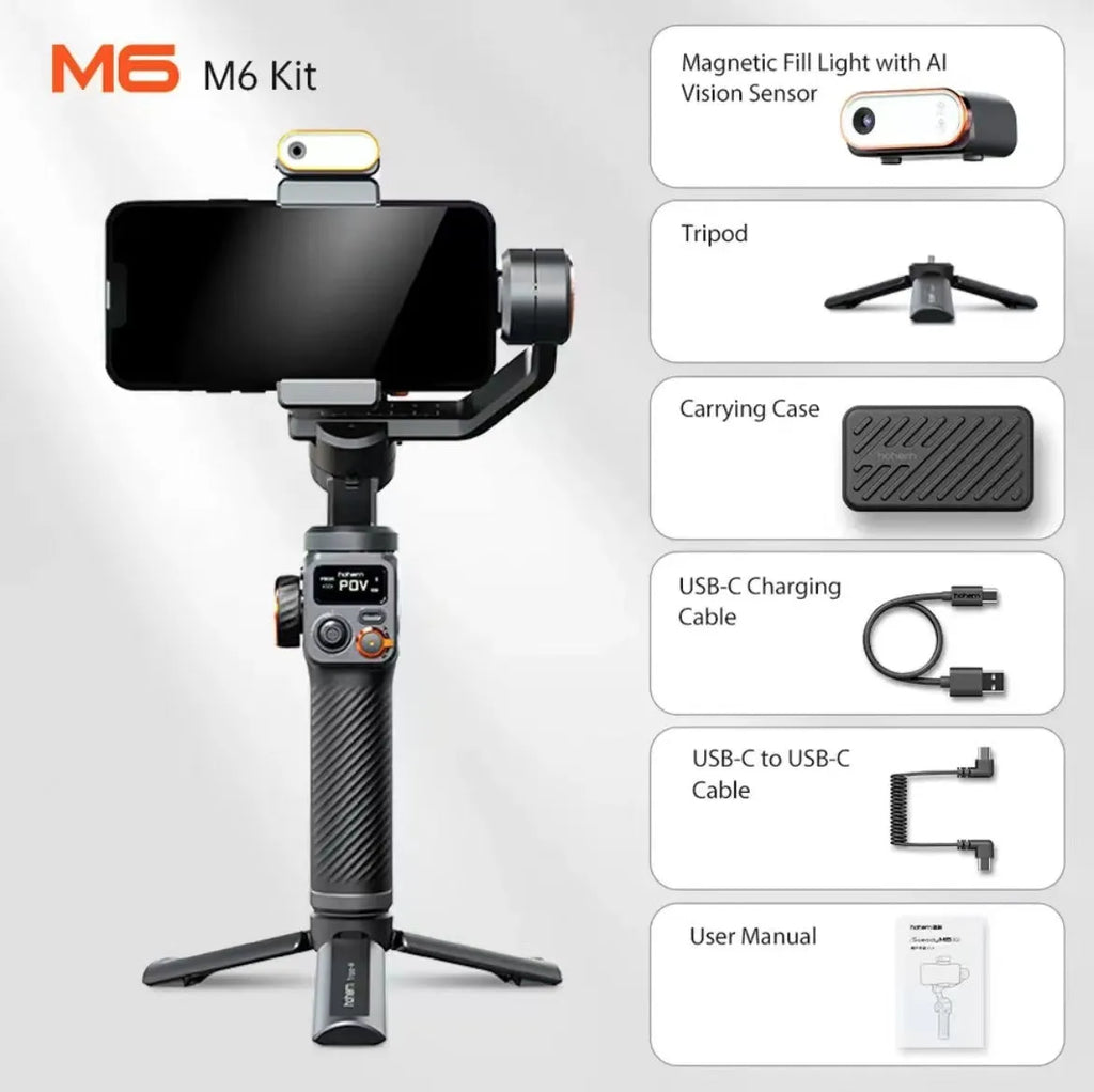Black three-axis vlog stabiliser with AI face tracking and magnetic fill light for smartphones