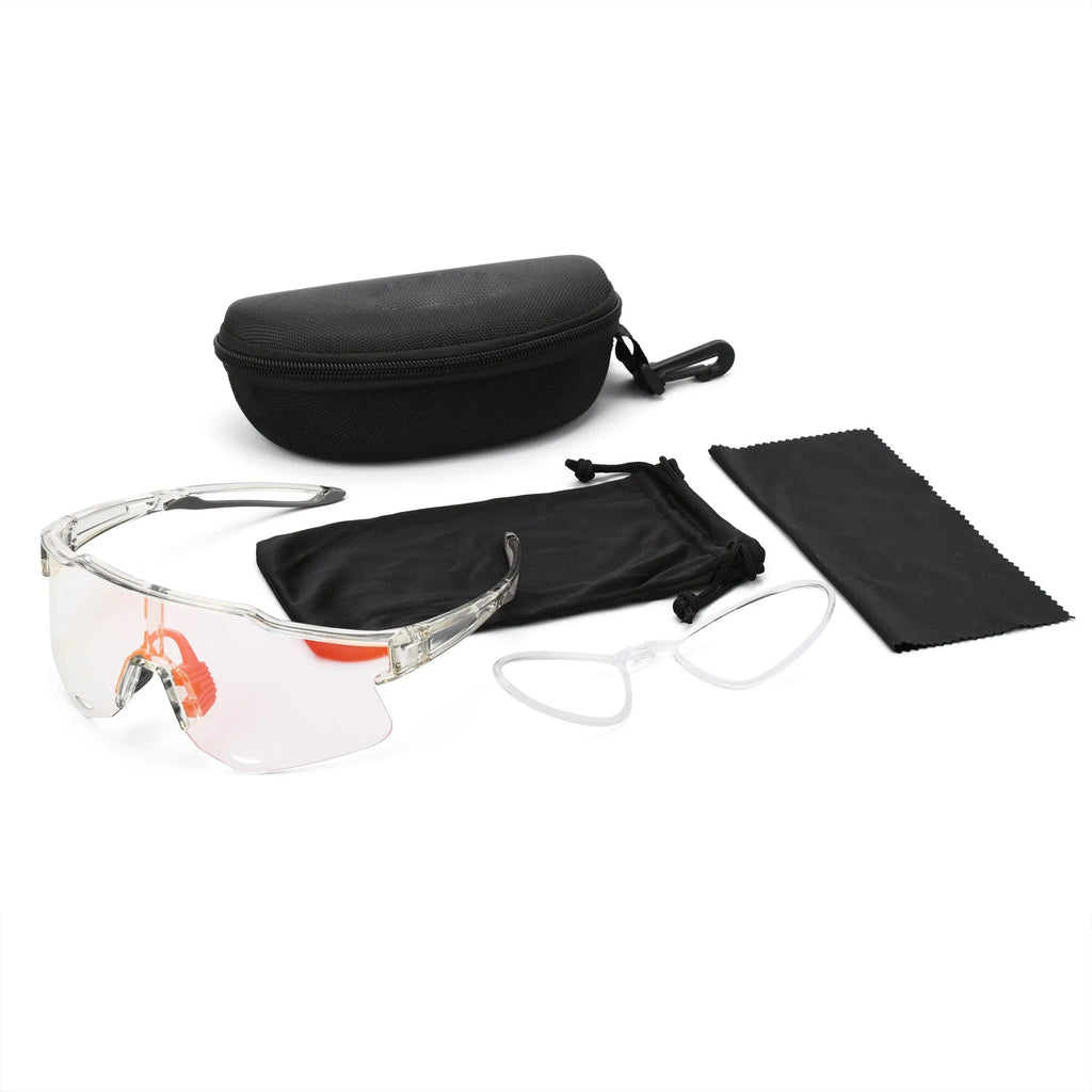 PC outdoor cycling athletic glasses with TR90 semi-rimless frame in bright gray and blue, free size unisex sports goggles