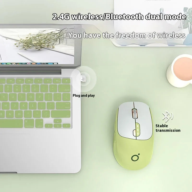 Compact mute wireless Bluetooth mouse in matcha green colour on a wooden desk