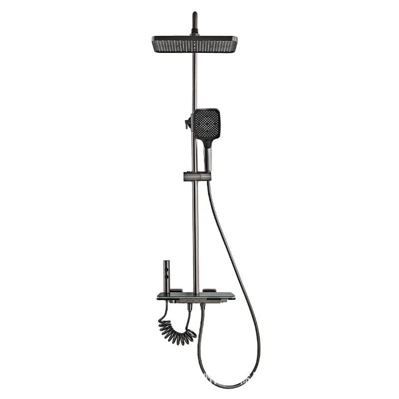 Aluminium digital display shower set for concealed wall installation in white or grey.