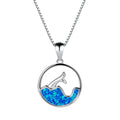 White gold round blue opal sea fishtail geometric pendant necklace on a 40 cm chain