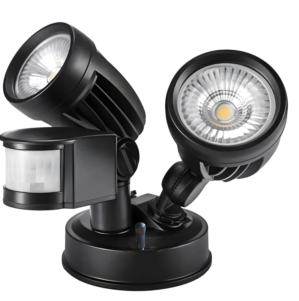 Double-headed IP65 induction wall lamp with aluminium shell, black colour, mounted on outdoor wall