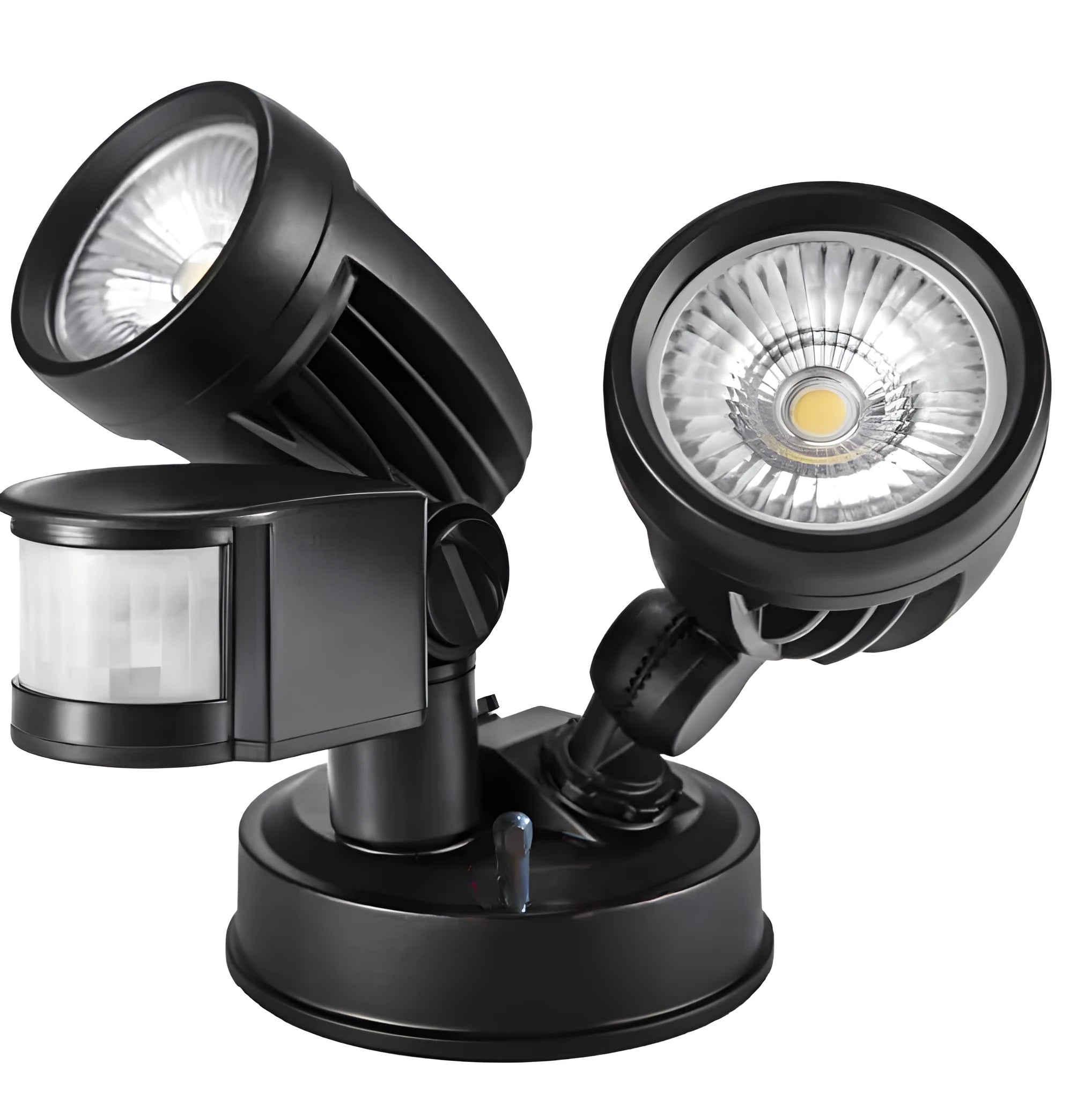 Double-headed IP65 induction wall lamp with aluminium shell, black colour, mounted on outdoor wall