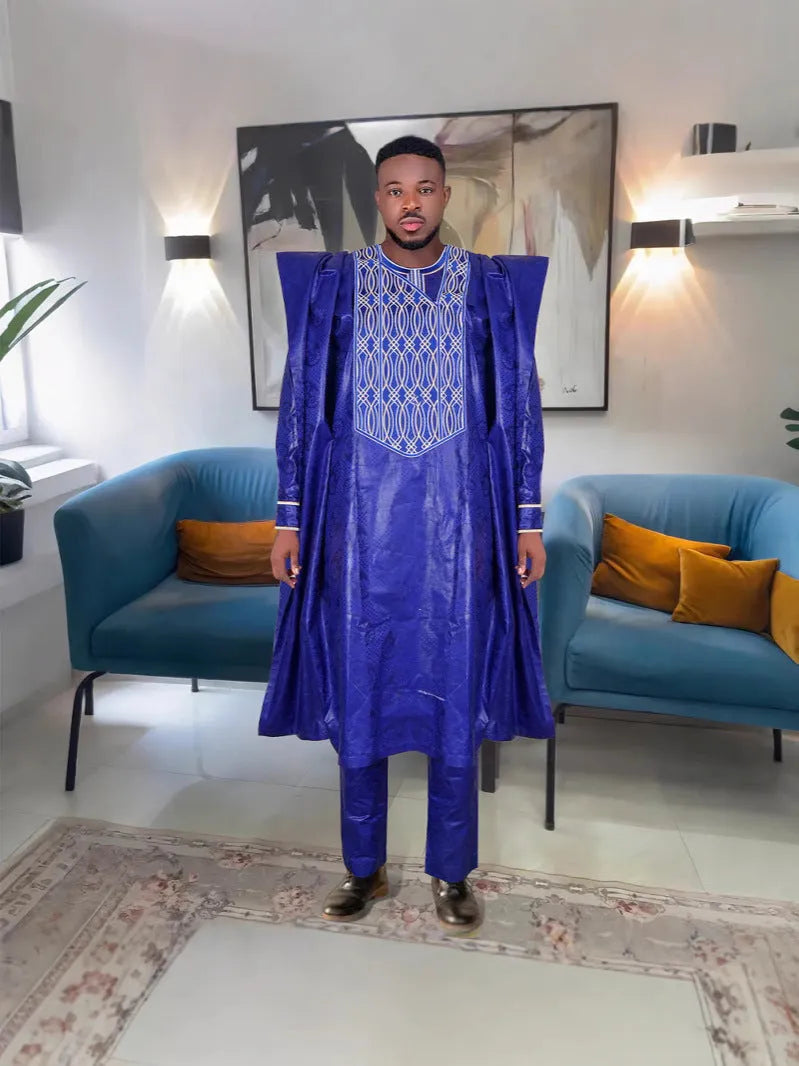Plus size men's figured cloth three-piece suit in dark blue, including outer robe, shirt, and trousers, Asian sizes L-4XL