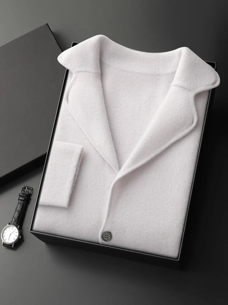 Men's cashmere lapel cardigan in light grey showing thickened knit construction and loose fit