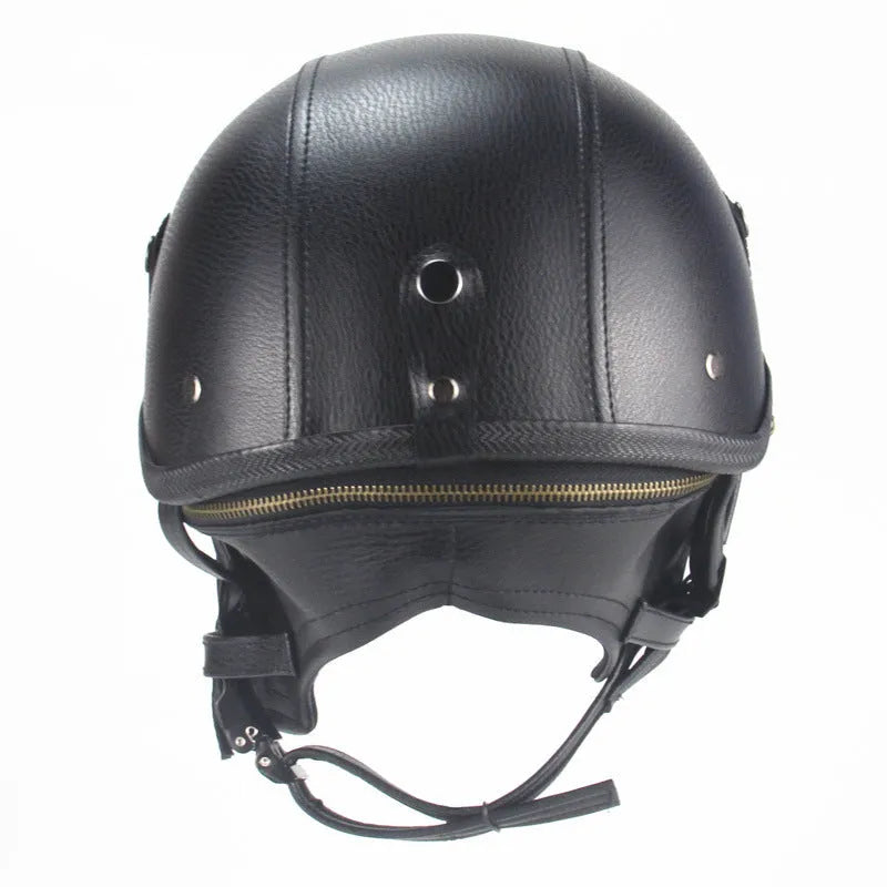Retro-style half-pedal motorcycle helmet in black artificial leather with handmade construction