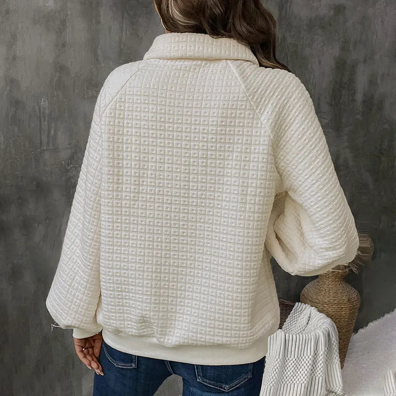 Women's polo collar thickened polyester sweater in solid colour with long sleeves