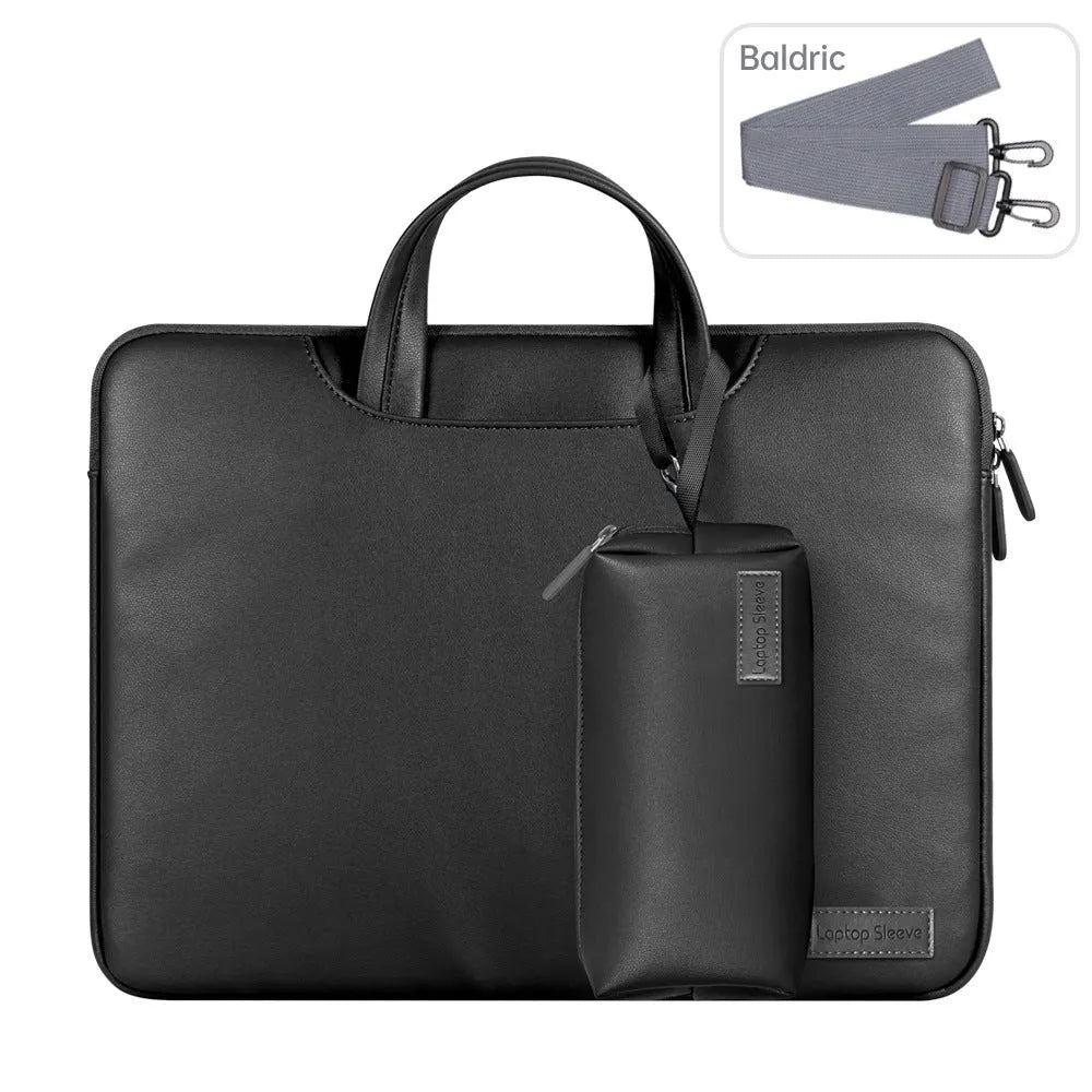 Shockproof PU leather laptop bag in black with shoulder strap and accessory bag for 15.6 inch laptops