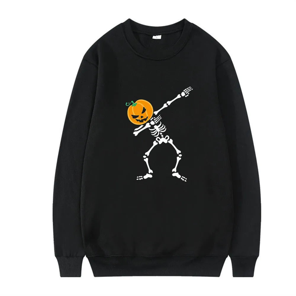 Women's printed crew neck long sleeve top in black with creative pattern, shown front view