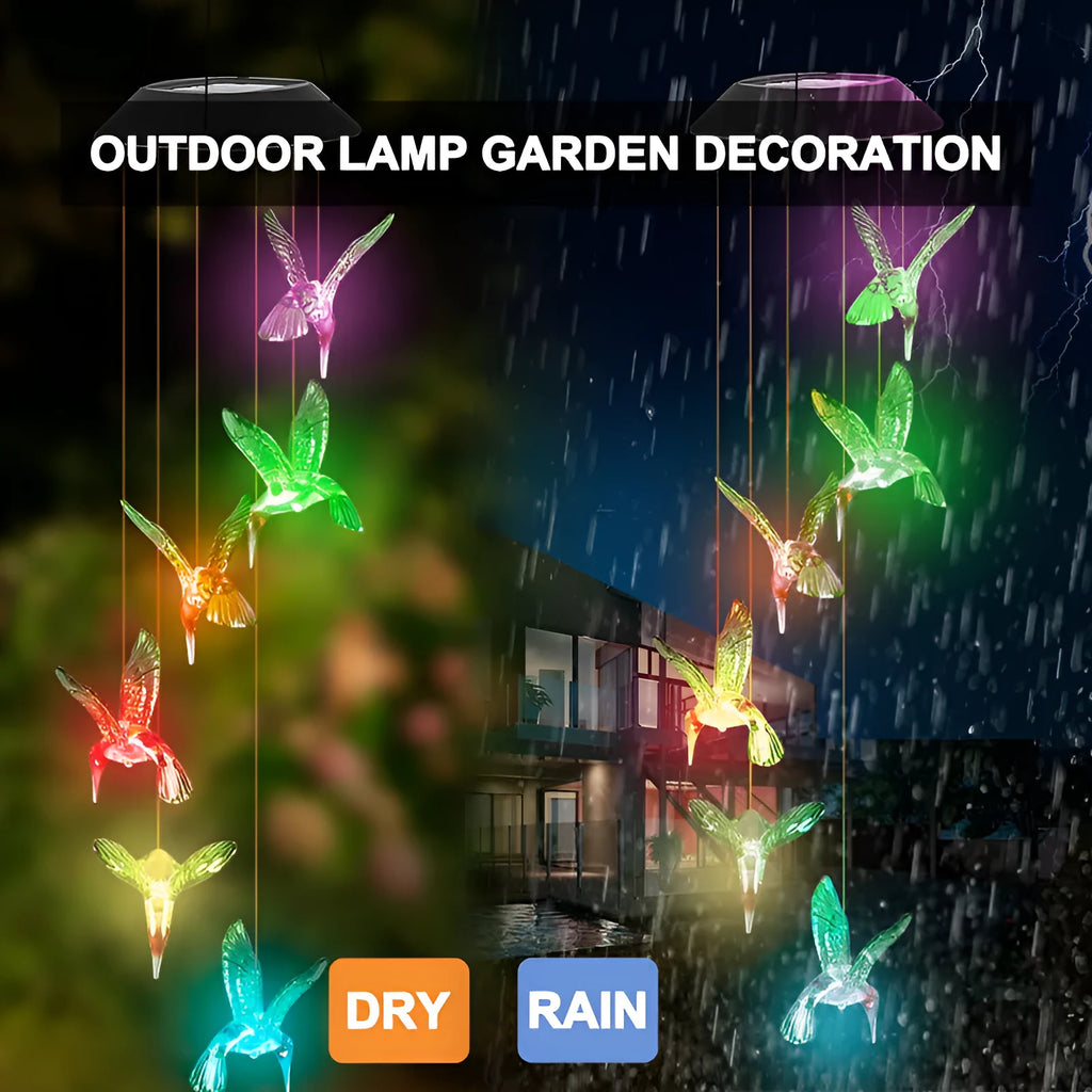 Outdoor solar wind chime lamp with LED lights in hummingbird butterfly design for garden decoration