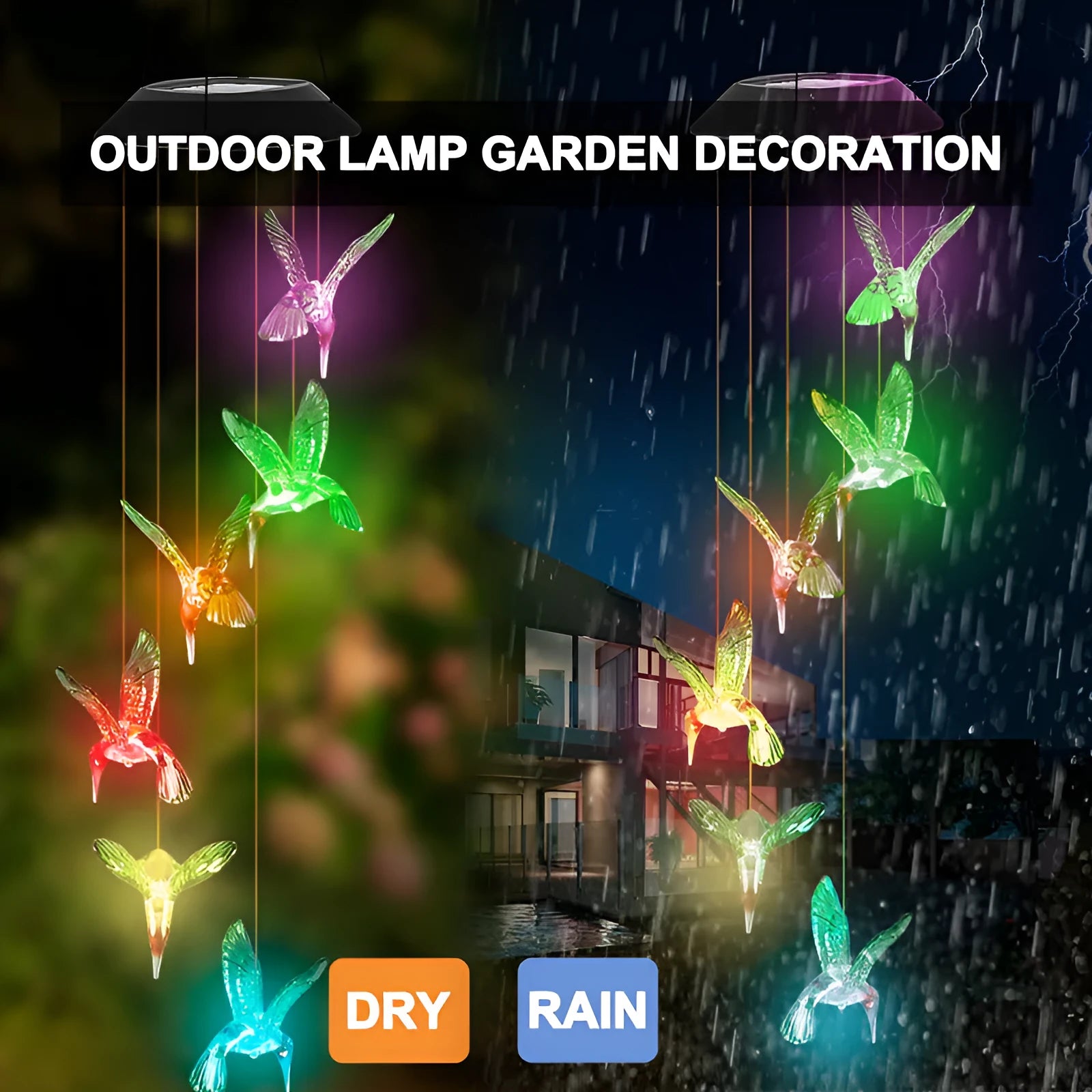 Outdoor solar wind chime lamp with LED lights in hummingbird butterfly design for garden decoration