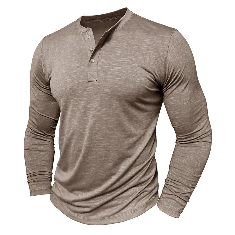Men's long-sleeved Henry collar T-shirt in slub cotton blend, pullover style, available in eight colours and sizes S-XXL