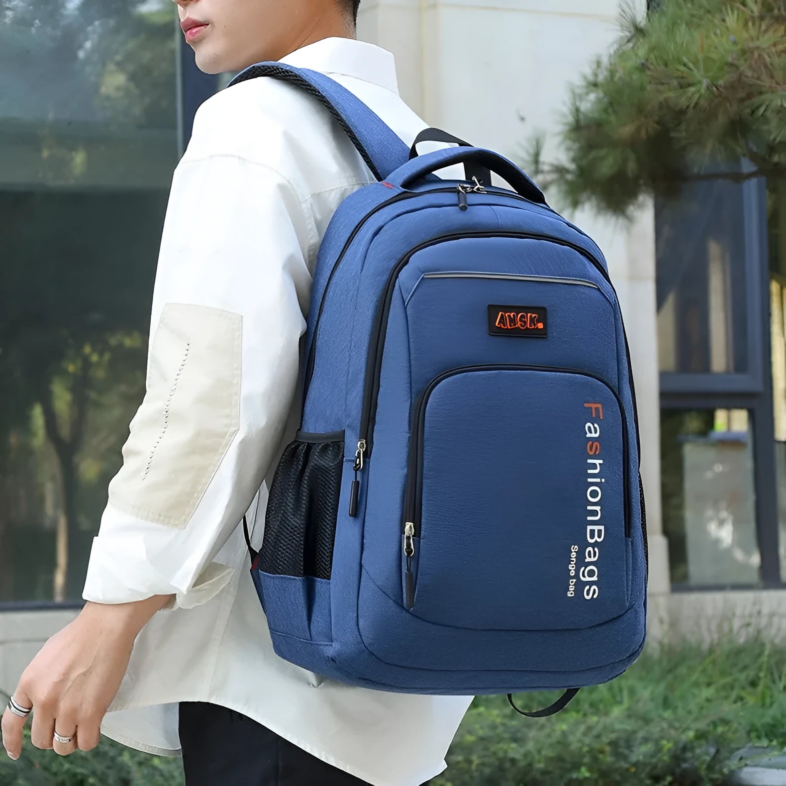 Nylon travel backpack in street style with multiple internal compartments and double shoulder straps.