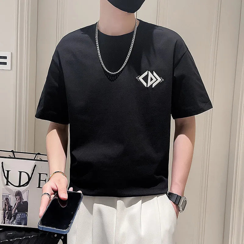 Men's summer heavy cotton loose pullover bottoming shirt in black and white colours