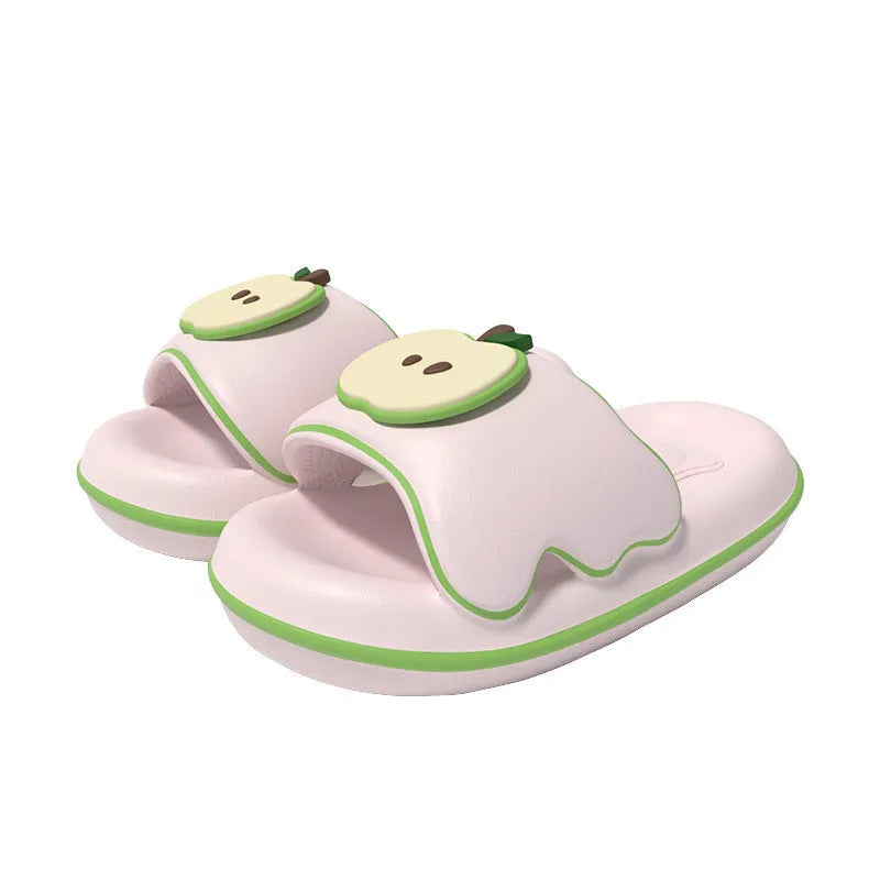 Cute cartoon flip flops for men and women in red, blue, cyan, pink made from EVA material, side view