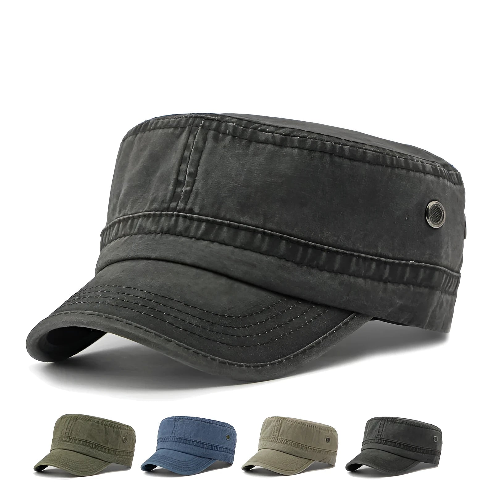 Flat top military style cotton cap shown in army green colour with an adjustable back strap.