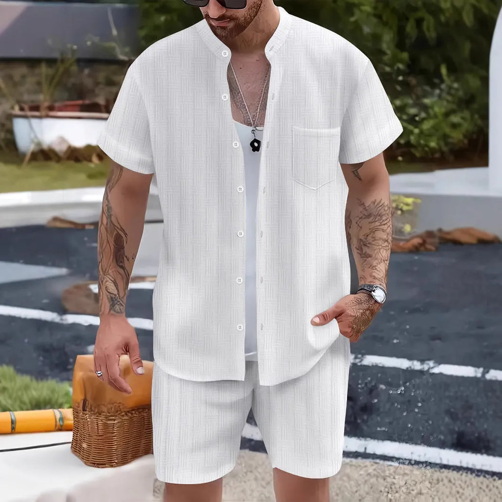 Men's casual henley collar short sleeve shirt and shorts set in polyester, available in multiple colours