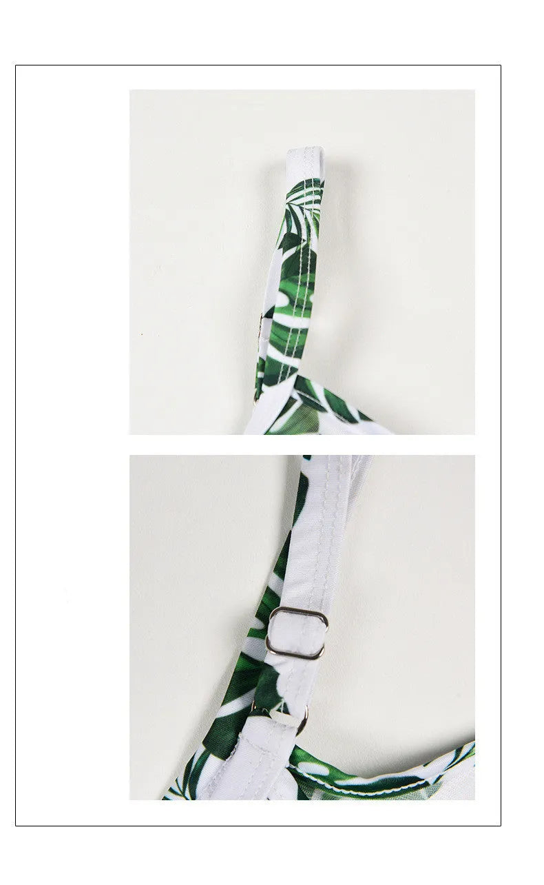 Women's printed one-piece swimsuit in polyester fabric showing green leaf style and black letter style colour options