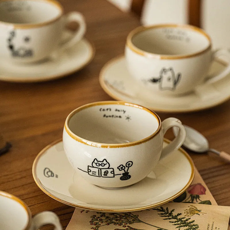 Cute cartoon Japanese cat ceramic coffee cup 250ml with rest illustration on white background