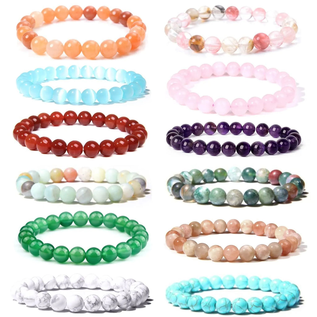 Handmade 8mm agate stone bead bracelet for women shown in one of fourteen available colours.