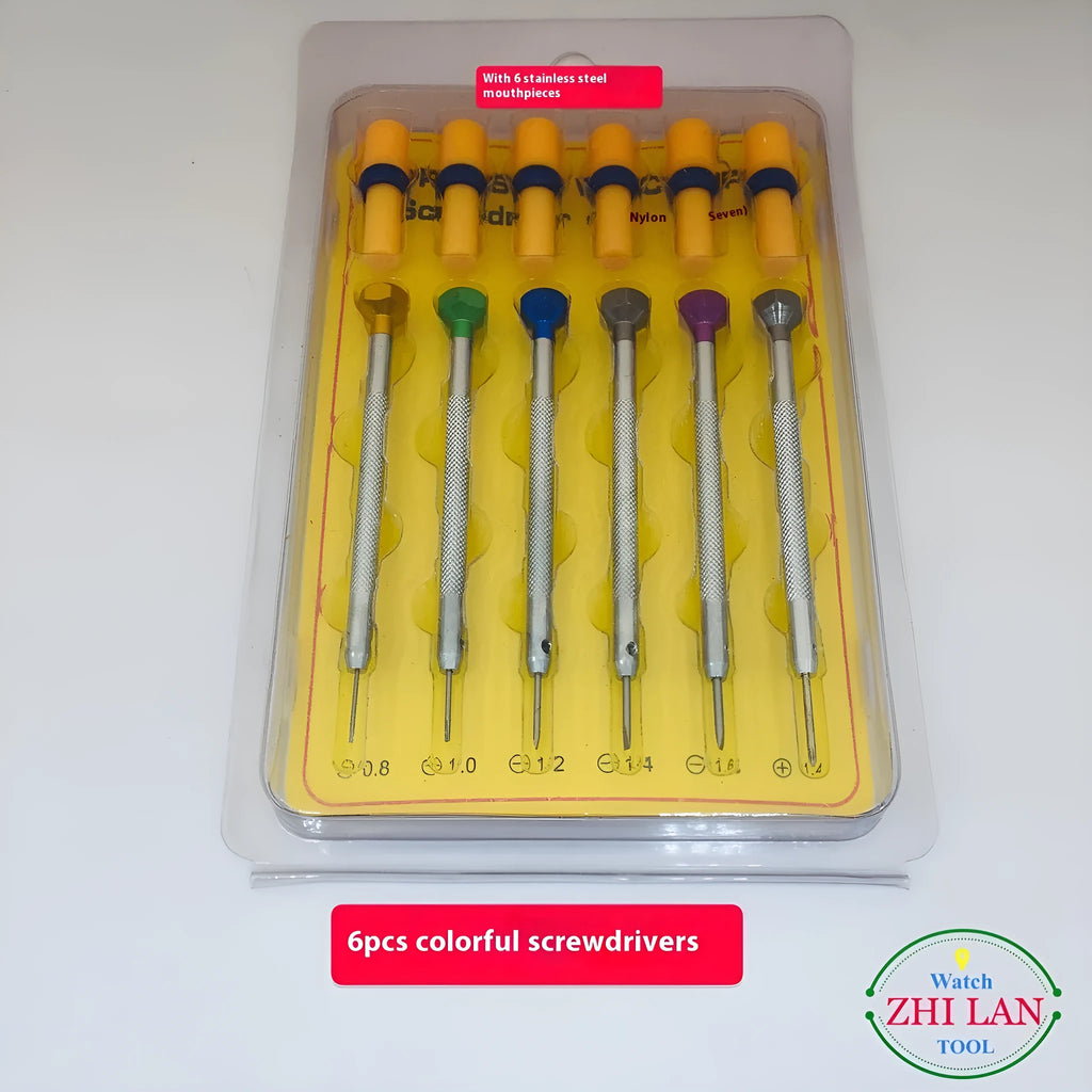 Six-piece watch repair screwdriver set with coloured aluminium handles and spring steel cutter heads