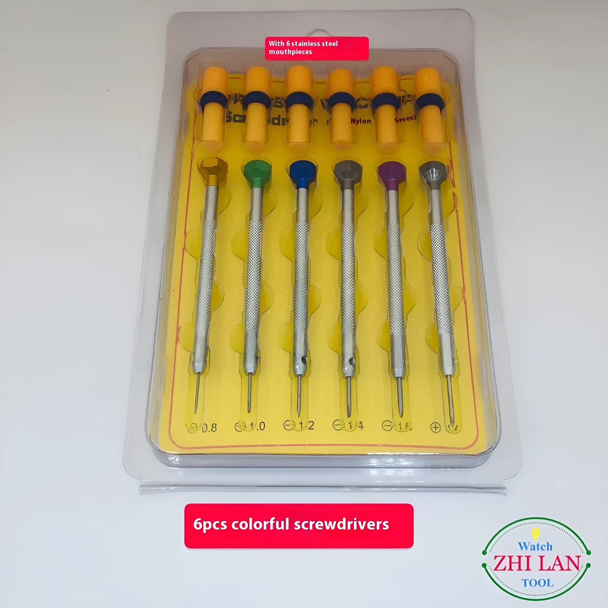 Six-piece watch repair screwdriver set with coloured aluminium handles and spring steel cutter heads