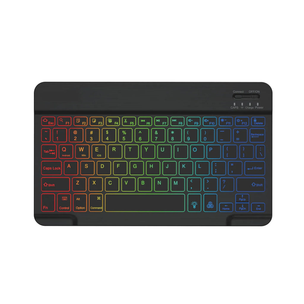 10-inch wireless Bluetooth keyboard with colourful backlit keys on a desk next to a tablet.