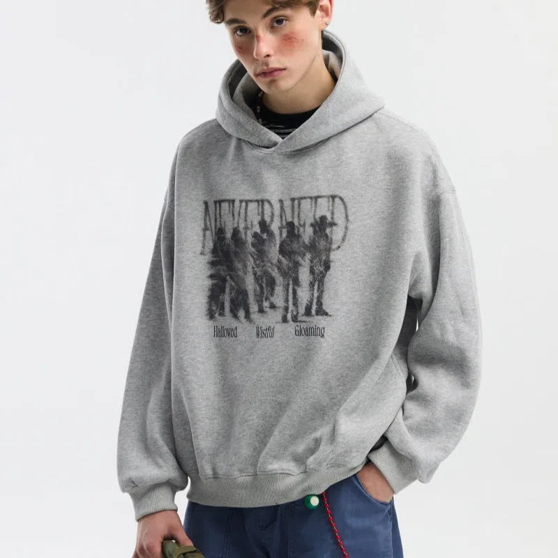 Men's cotton hooded sweatshirt with blurred portrait print, loose fit pullover in black or grey, sizes S to 2XL