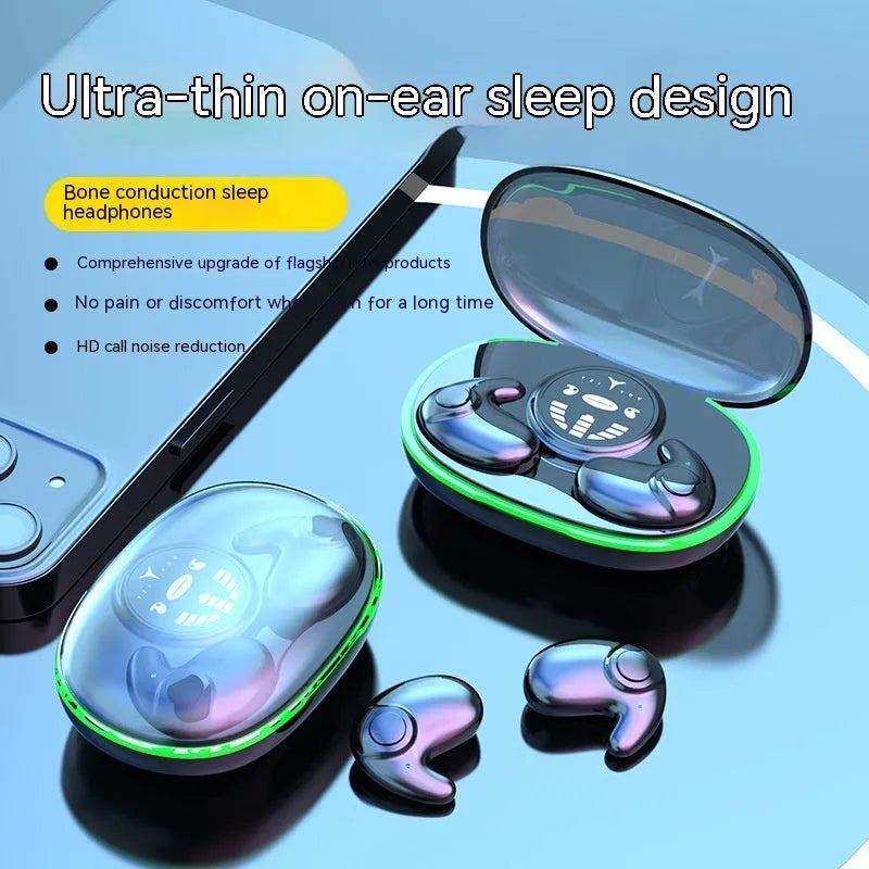Ultra-thin invisible Bluetooth earphone in black, white, and skin colour with charging compartment