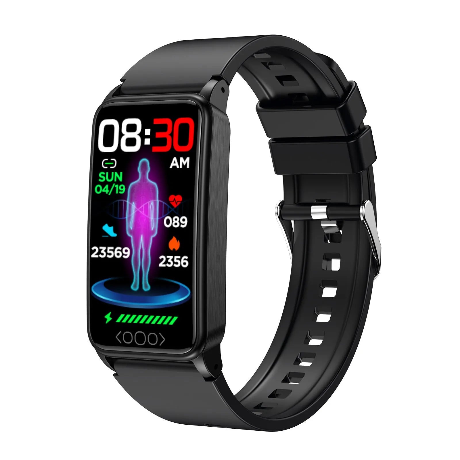 Smart bracelet with dynamic heart rate monitoring on a silicone strap, black colour, IPS touch screen display