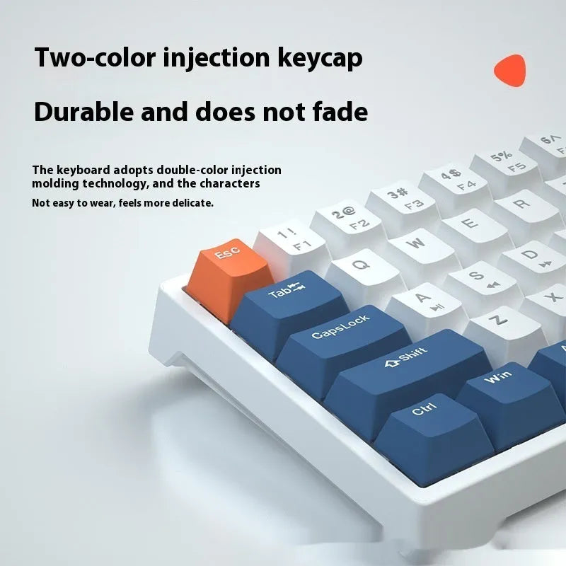 Compact bluish-black 61-key wired mechanical keyboard with hot-swappable switches on a desk.