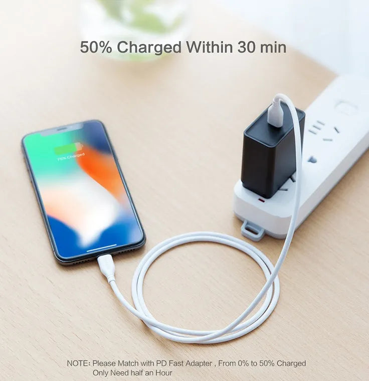 White nylon-braided USB-C to Lightning cable with aluminium connectors, 1 metre long.