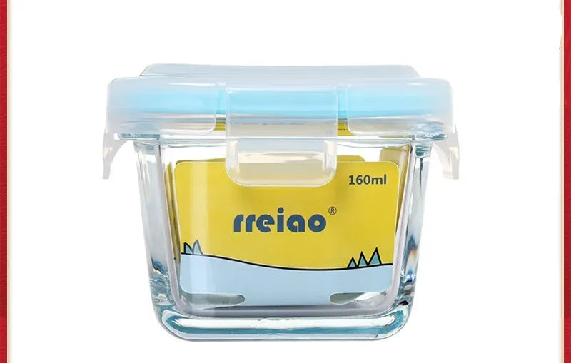 RREIAO infant food supplement box 160ml glass with blue silicone PP lid on white background