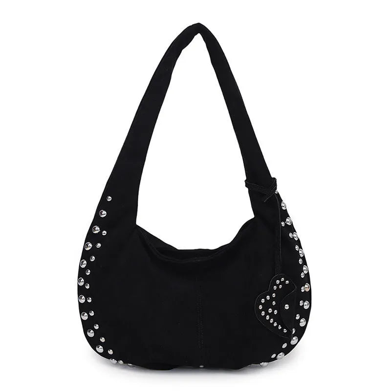 Soft plush casual tote handbag in retro style shown in multiple colour options including black, red, and brown.