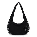 Soft plush casual tote handbag in retro style shown in multiple colour options including black, red, and brown.