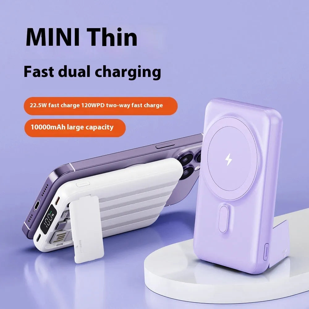 Magnetic wireless power bank with 10000mAh plastic shell in dark blue, purple, and white colours showing compact size