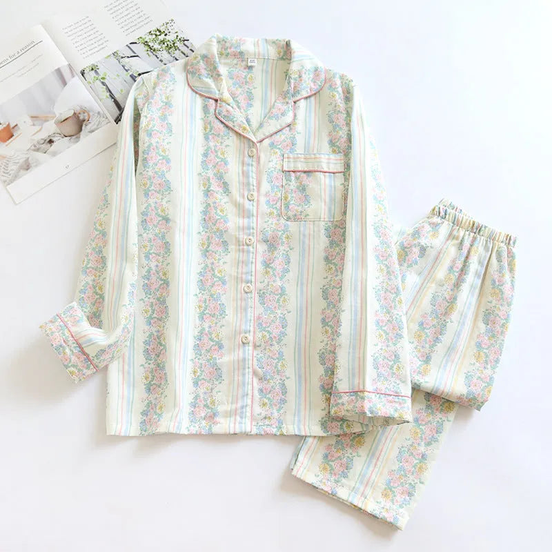 Japanese sweet style ladies cotton gauze homewear two-piece set with long sleeves and trousers.