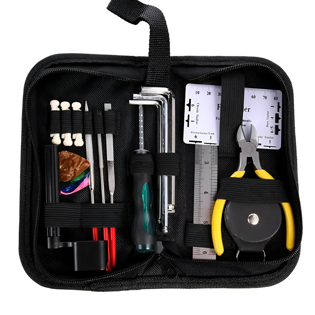 Black plastic case open to reveal 12 metal guitar repair tools including hex keys and screwdrivers